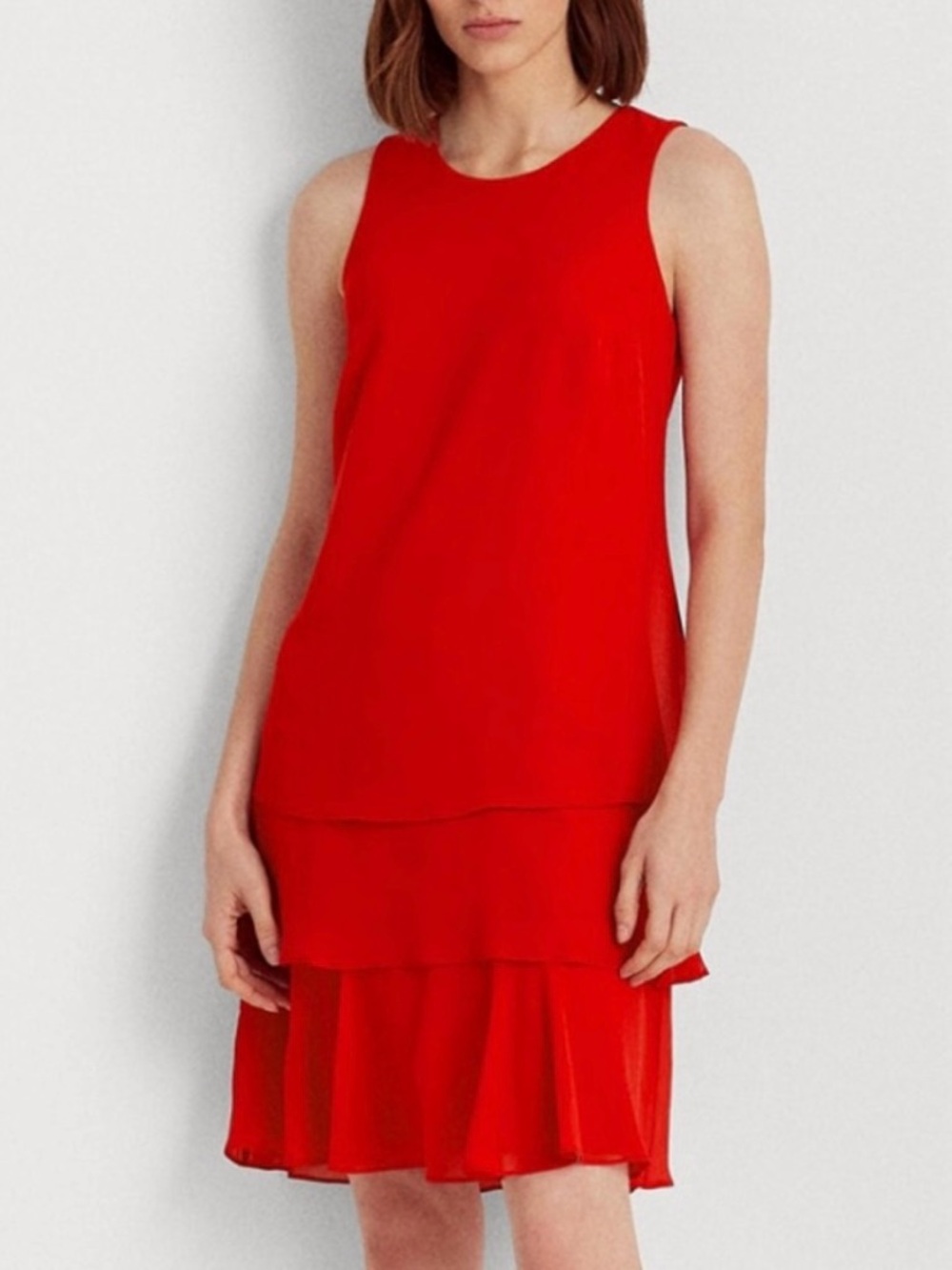 Lauren Ralph Lauren Red Georgette Tiered Ruffle Shift Dress • Size 14